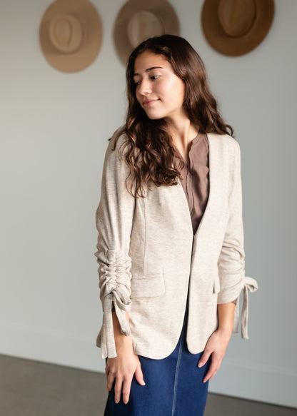 Oatmeal Cinch Sleeve Button Front Blazer Tops Doe & Rae