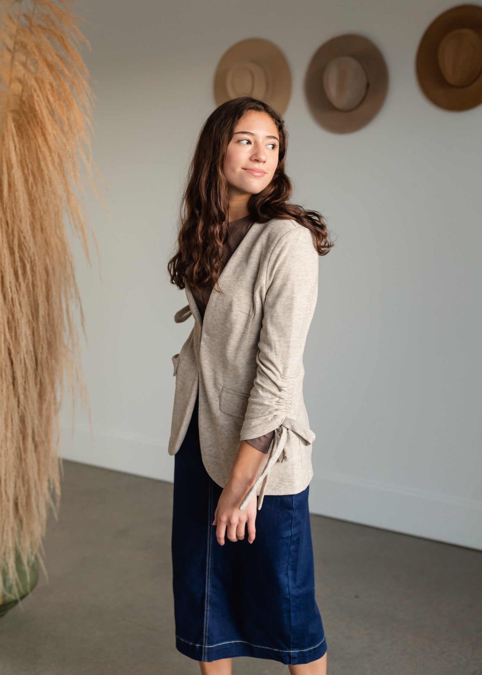 Oatmeal Cinch Sleeve Button Front Blazer Tops Doe & Rae