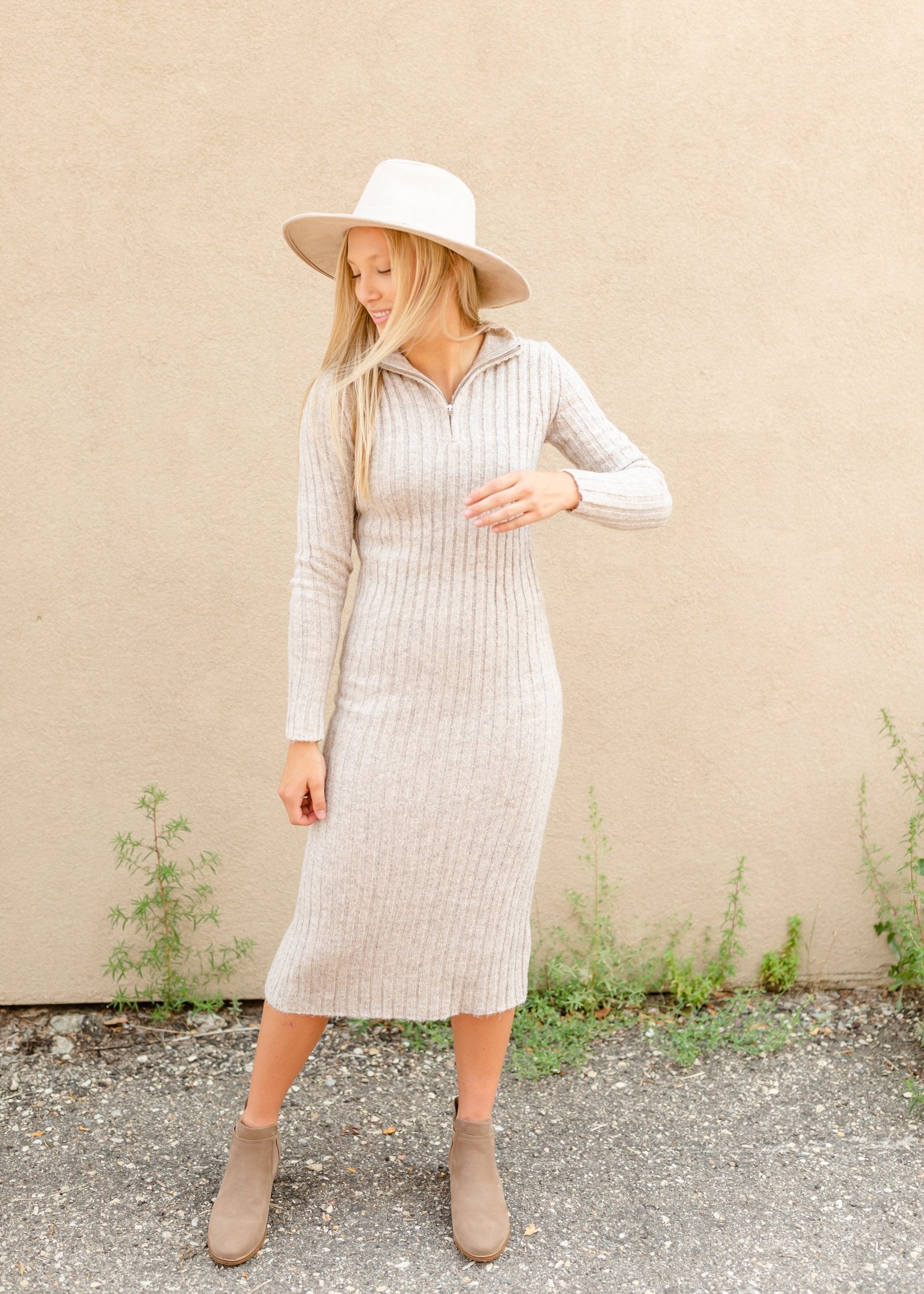 Oatmeal Rib Knit Turtleneck Dress Dresses LUSH