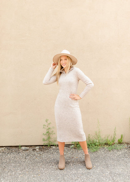 Oatmeal Rib Knit Turtleneck Dress Dresses LUSH