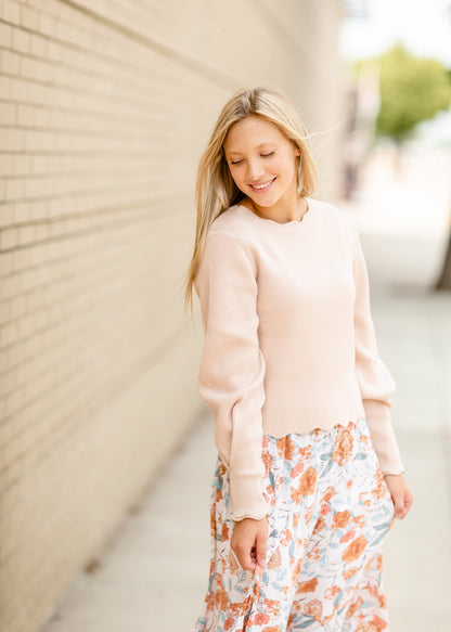 Oatmeal Scallop Hem Sweater Tops LUSH