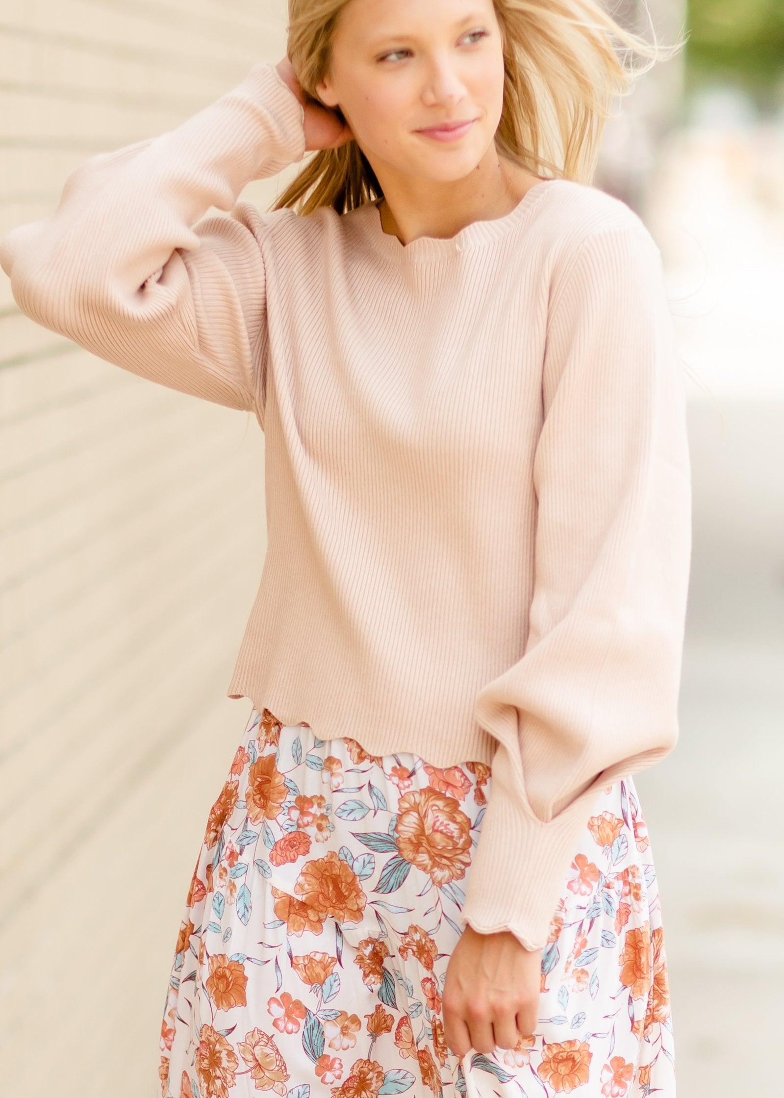 Oatmeal Scallop Hem Sweater Tops LUSH