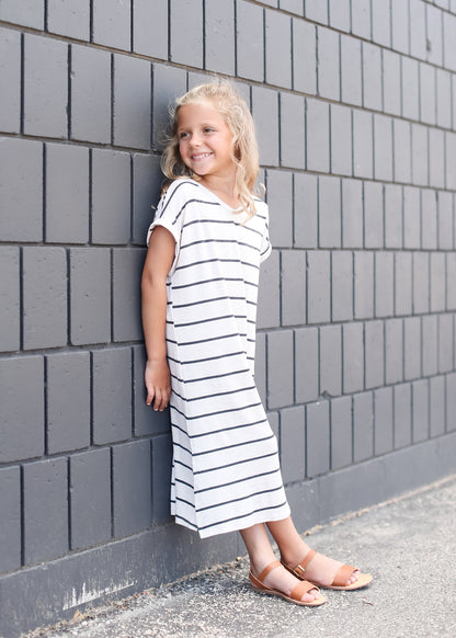 Cream and Black striped girls modest maxi dress