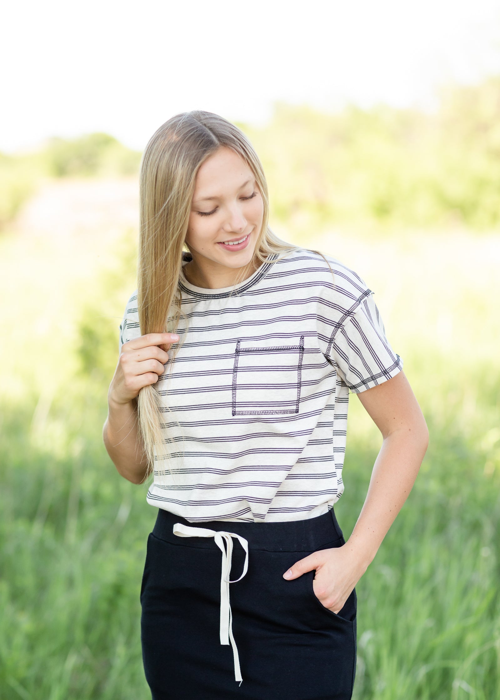 Oatmeal Striped Pocket Tee - FINAL SALE Tops