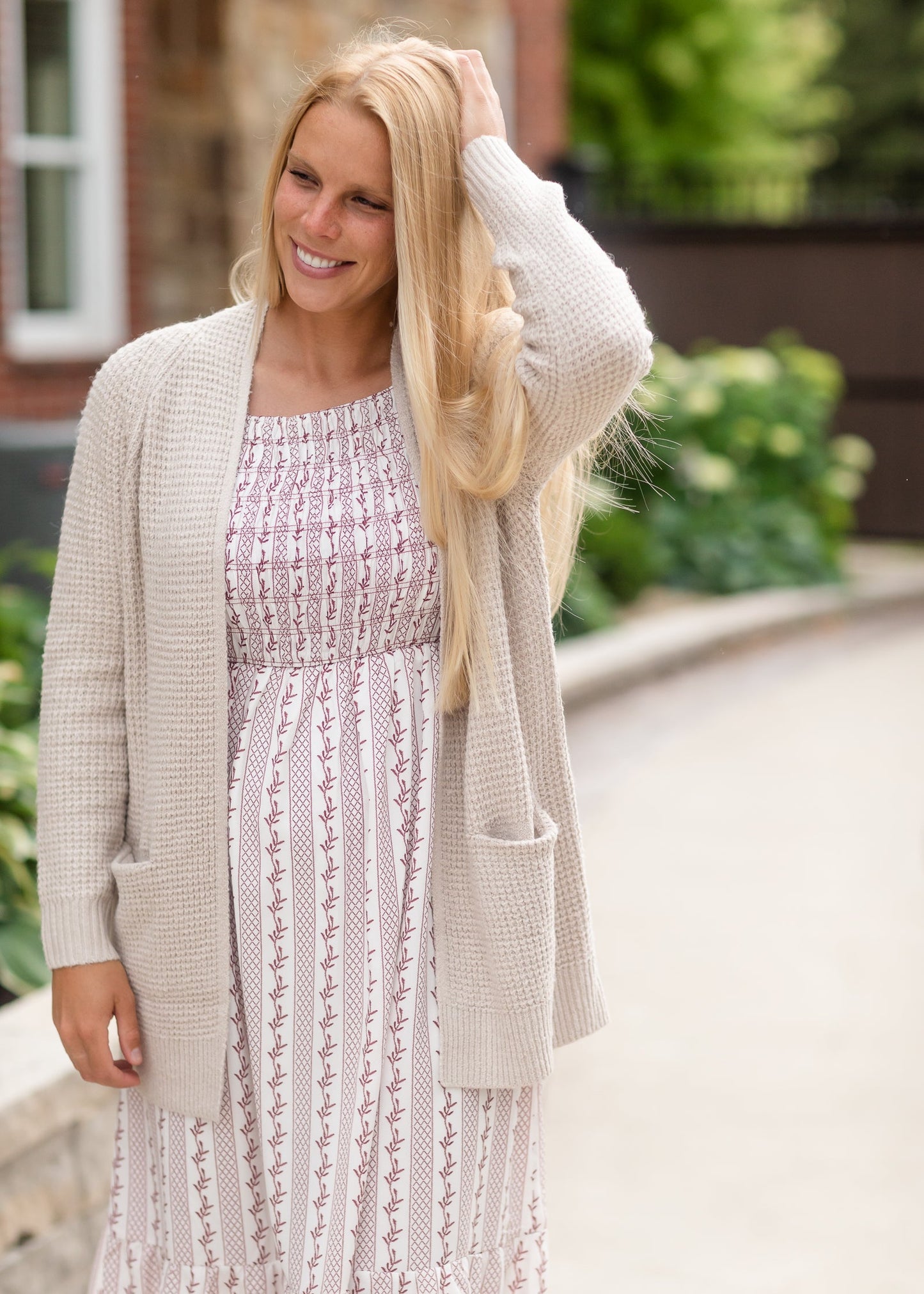 Oatmeal Waffle Knit Classic Cardigan Tops