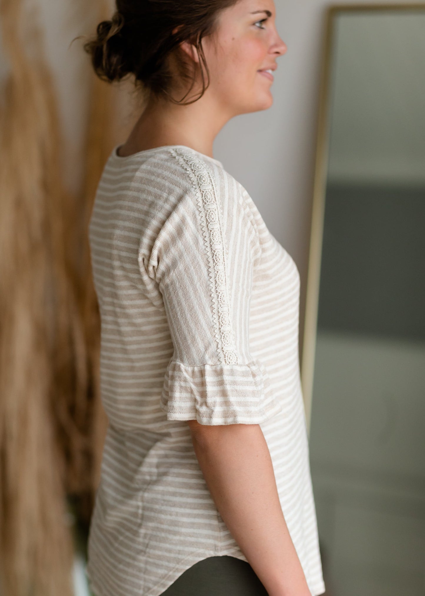 Oatmeal & White Bell Sleeve Striped Top Shirt Hailey & Co.