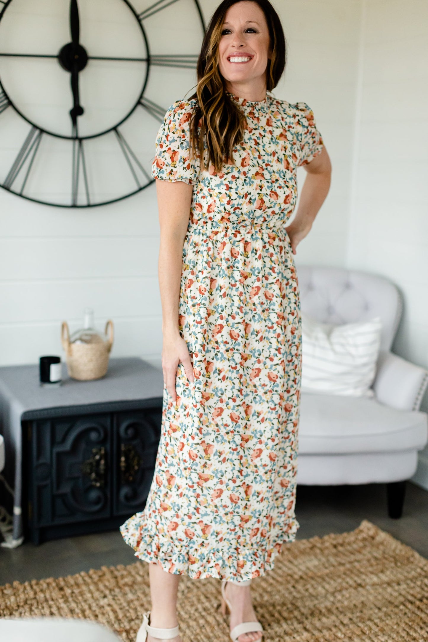 Off White Floral Mock Neck Midi Dress Dresses