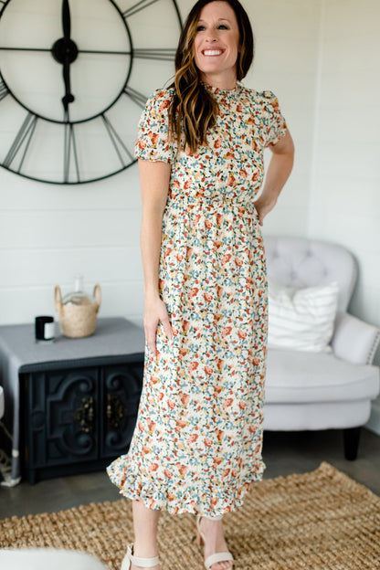 Off White Floral Mock Neck Midi Dress Dresses