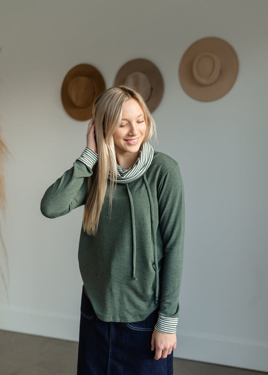 Olive Contrast Striped Cowl Neck Top Tops Staccato