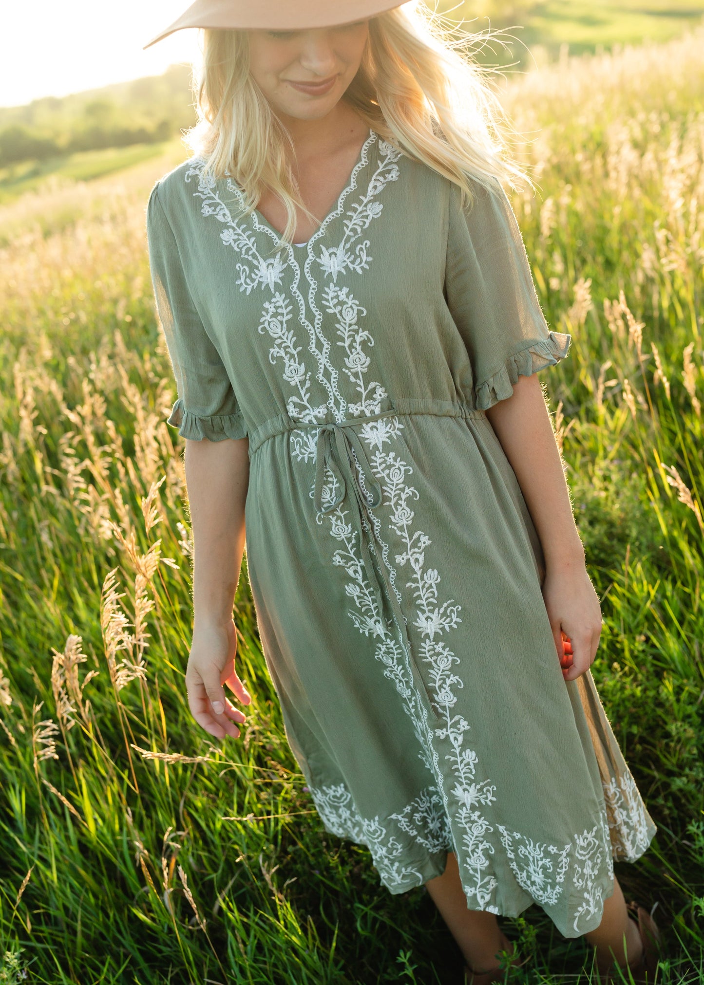 Olive Embroidered Tie Waist V Neck Midi Dress - FINAL SALE Dresses