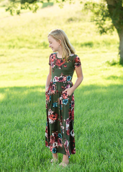 Olive Floral Fit and Flare Maxi Dress Dresses