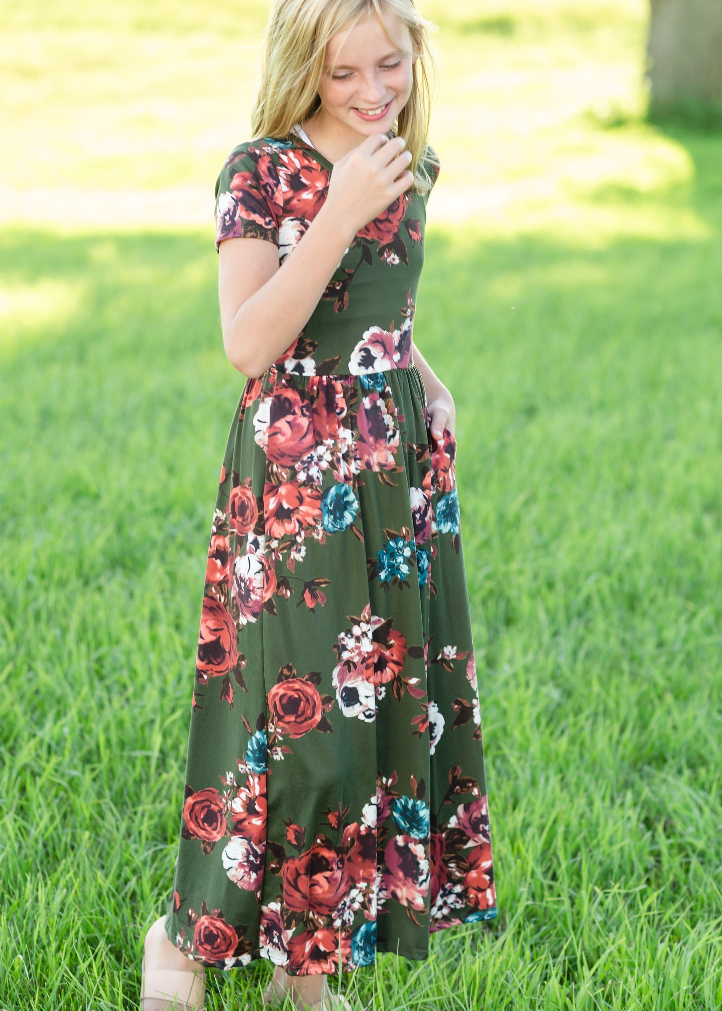 Olive Floral Fit and Flare Maxi Dress Dresses