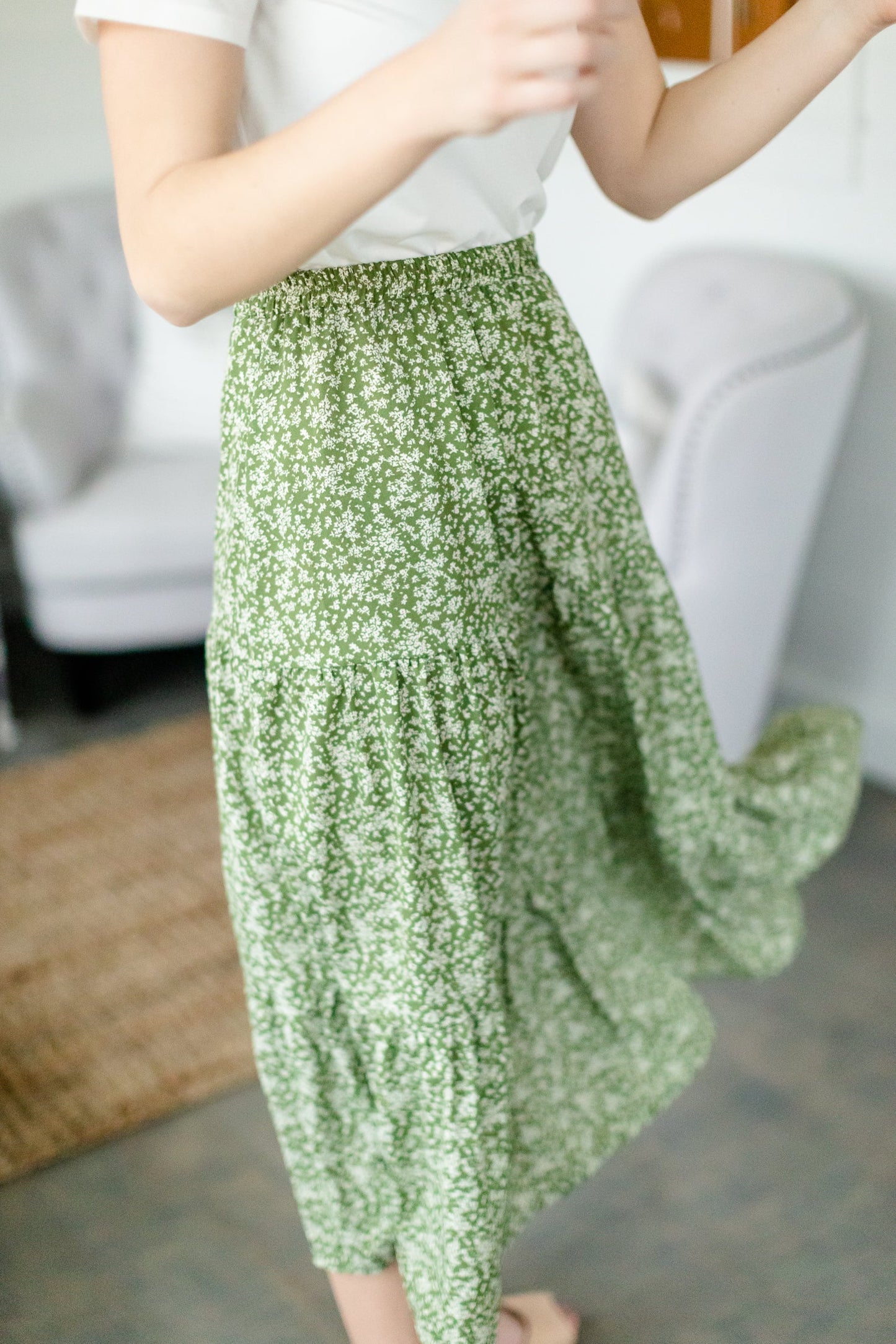 Olive Floral Tiered Midi Skirt Skirts