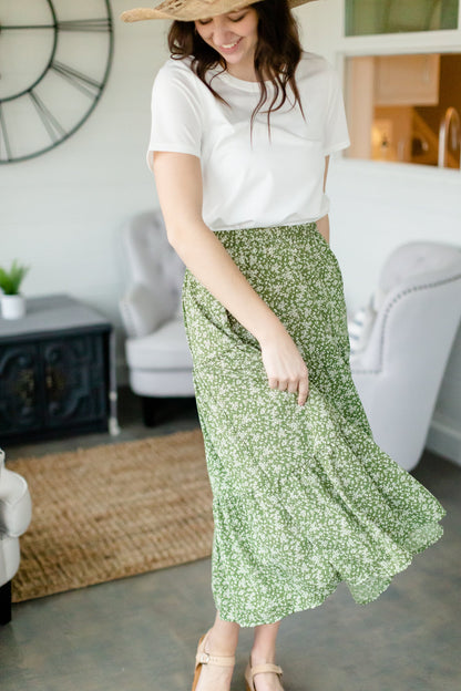 Olive Floral Tiered Midi Skirt Skirts