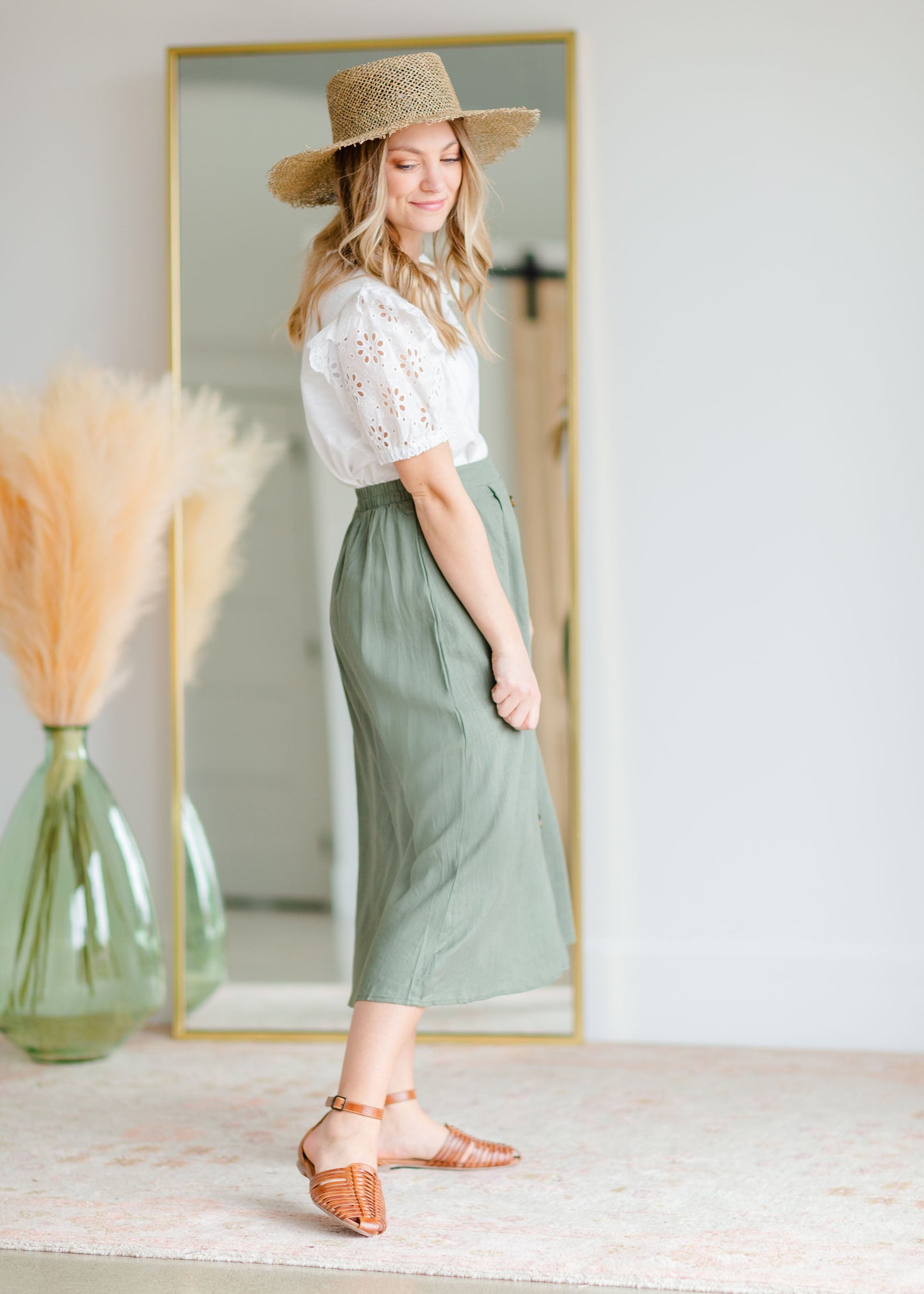 Olive Green Button Up Midi Skirt Skirts Hayden Los Angeles