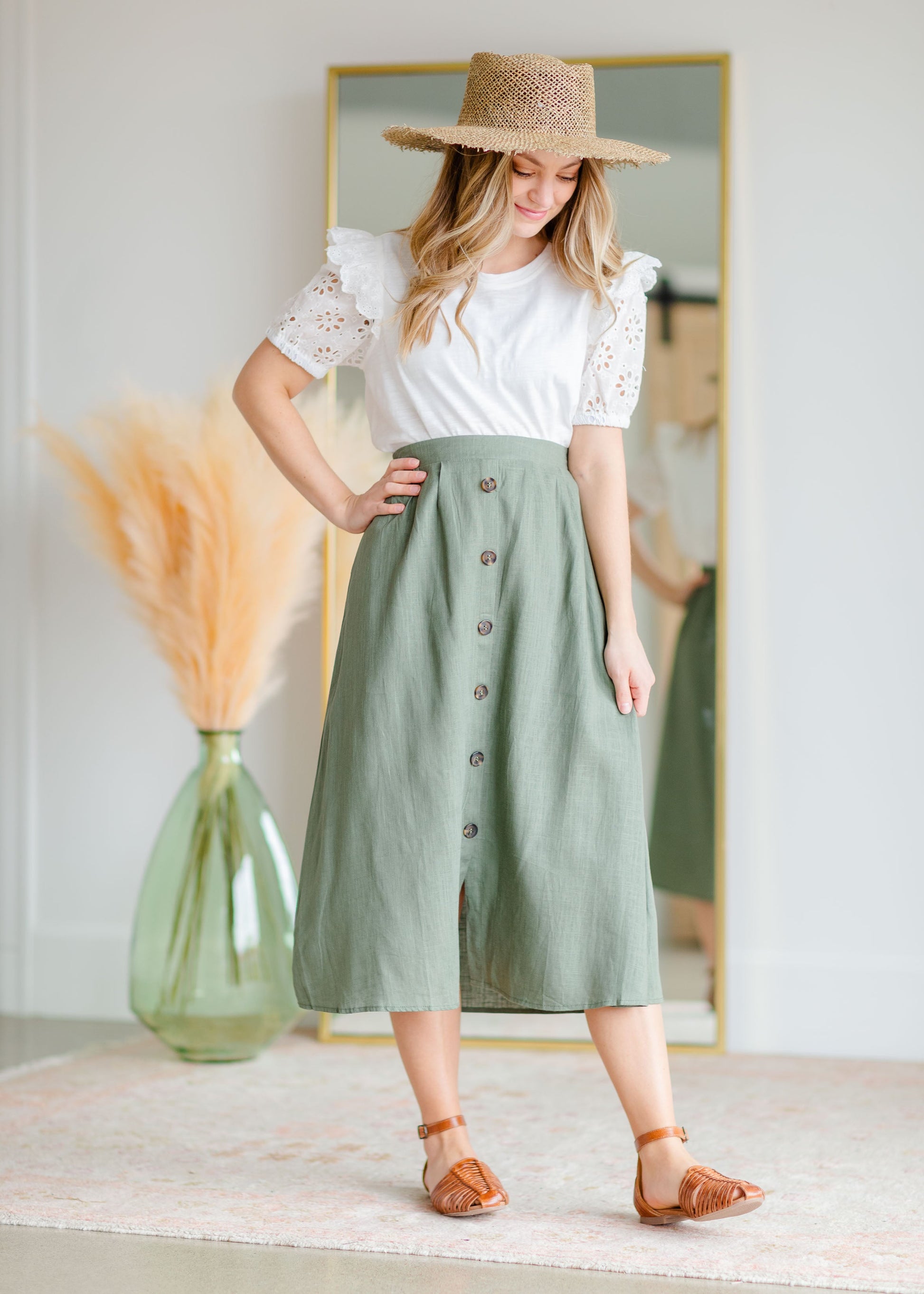 Olive Green Button Up Midi Skirt Skirts Hayden Los Angeles