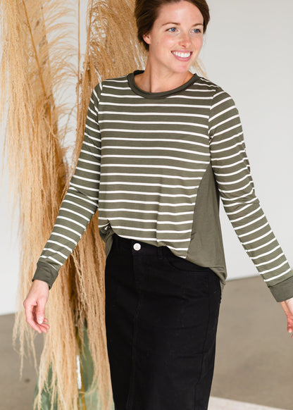 Olive High Lo Striped Long Sleeve Tee - FINAL SALE Tops