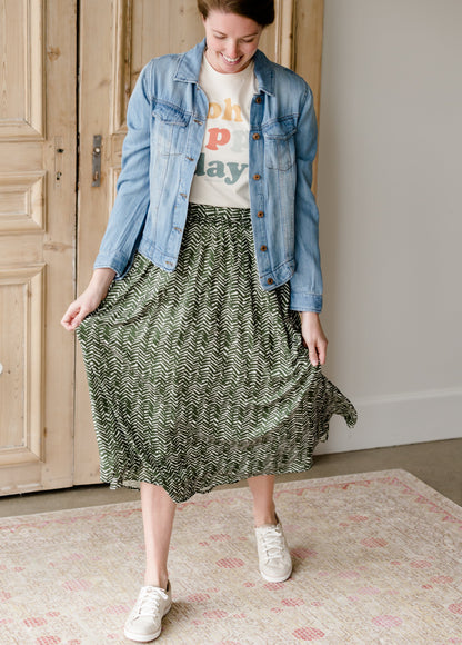 Olive Leaf Printed Midi Skirt Skirts