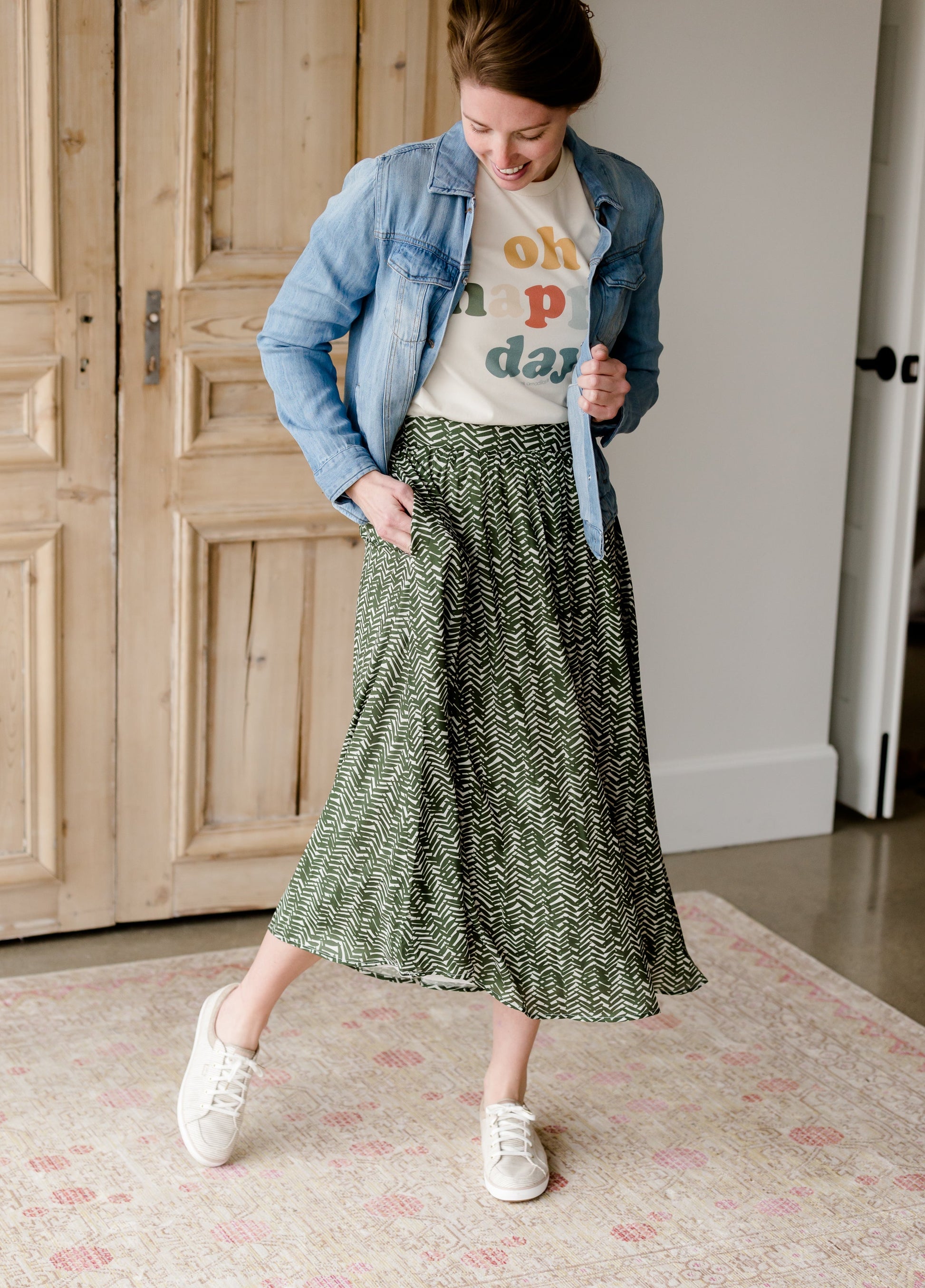 Olive Leaf Printed Midi Skirt Skirts