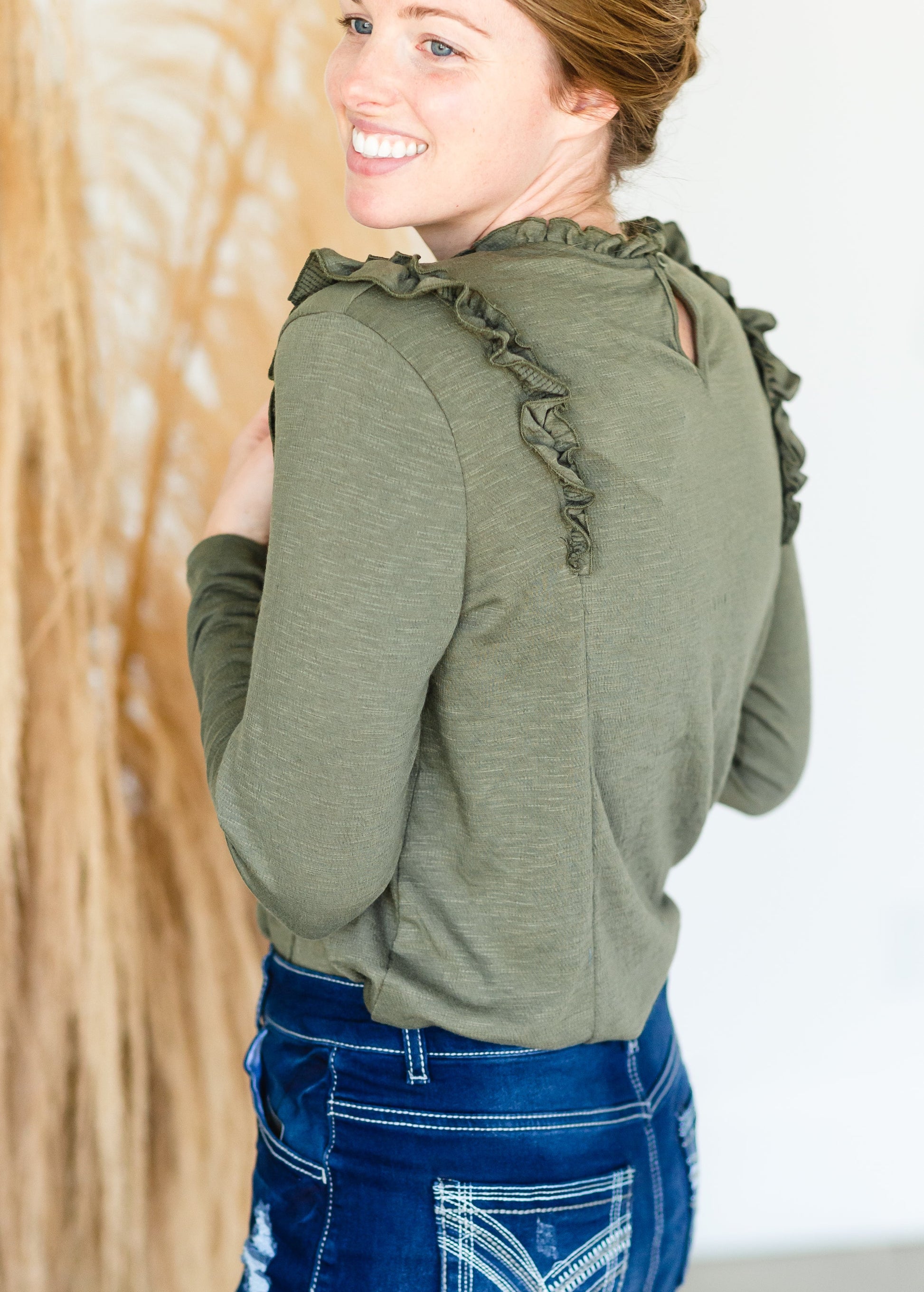 Olive Long Sleeve Ruffle Top - FINAL SALE Shirt