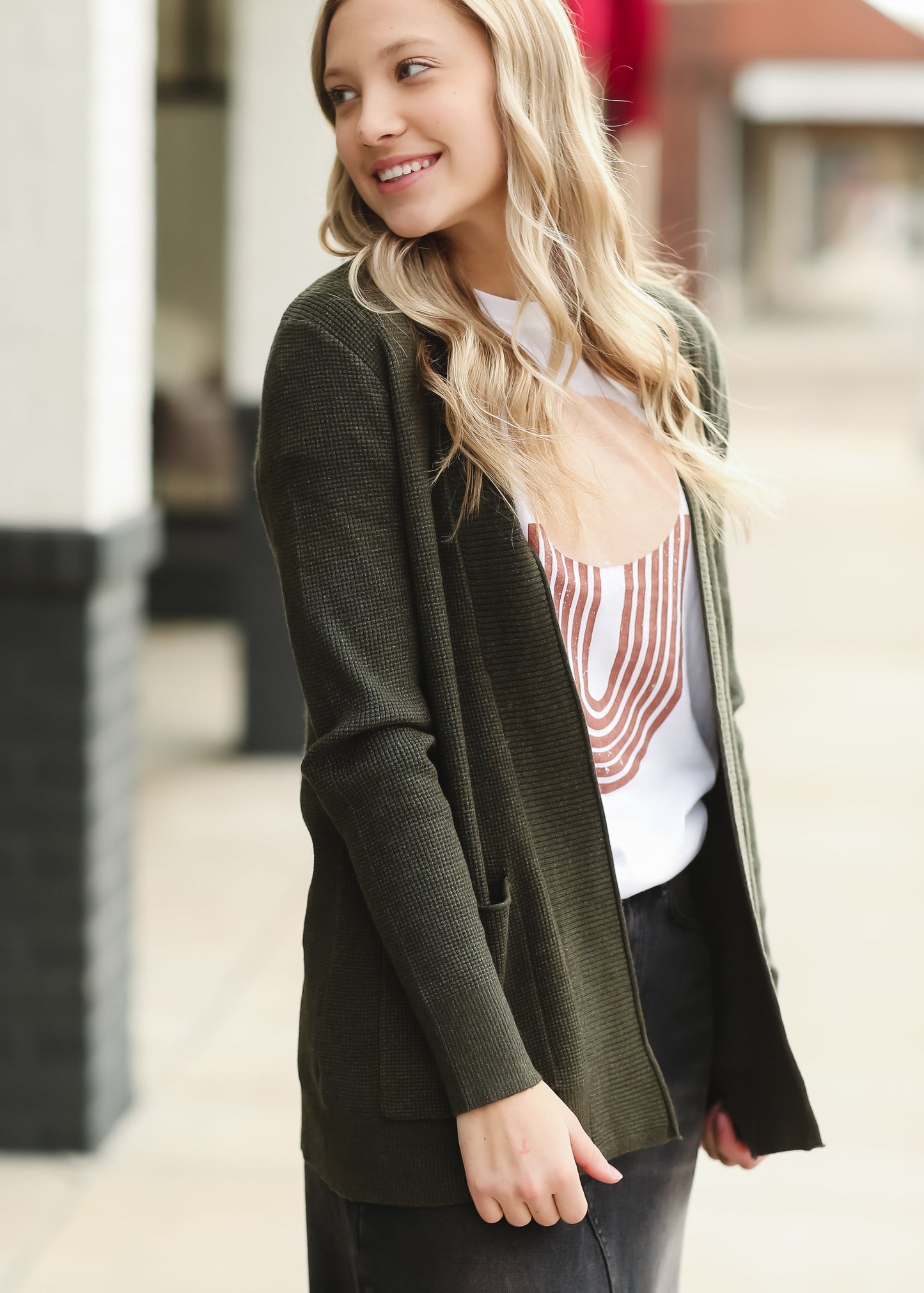 Olive Open Front Waffle Knit Cardigan Tops