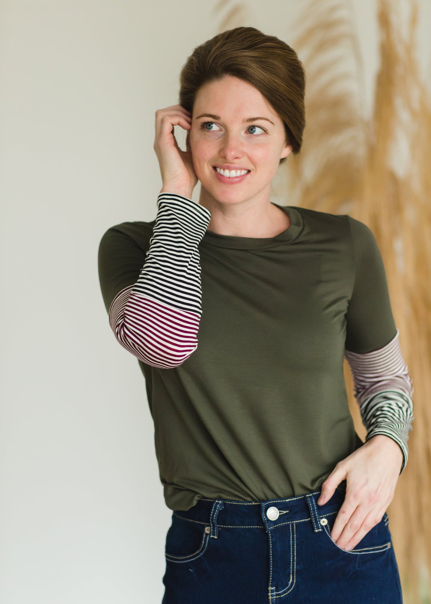 Olive Pin Striped Long Sleeve Top - FINAL SALE Tops