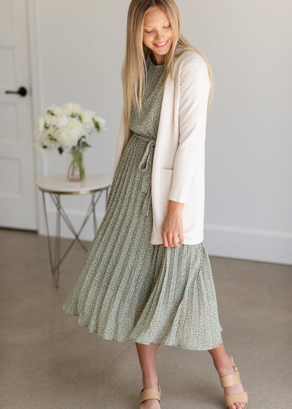 Olive Pleated Midi Dress w/Belt Dresses