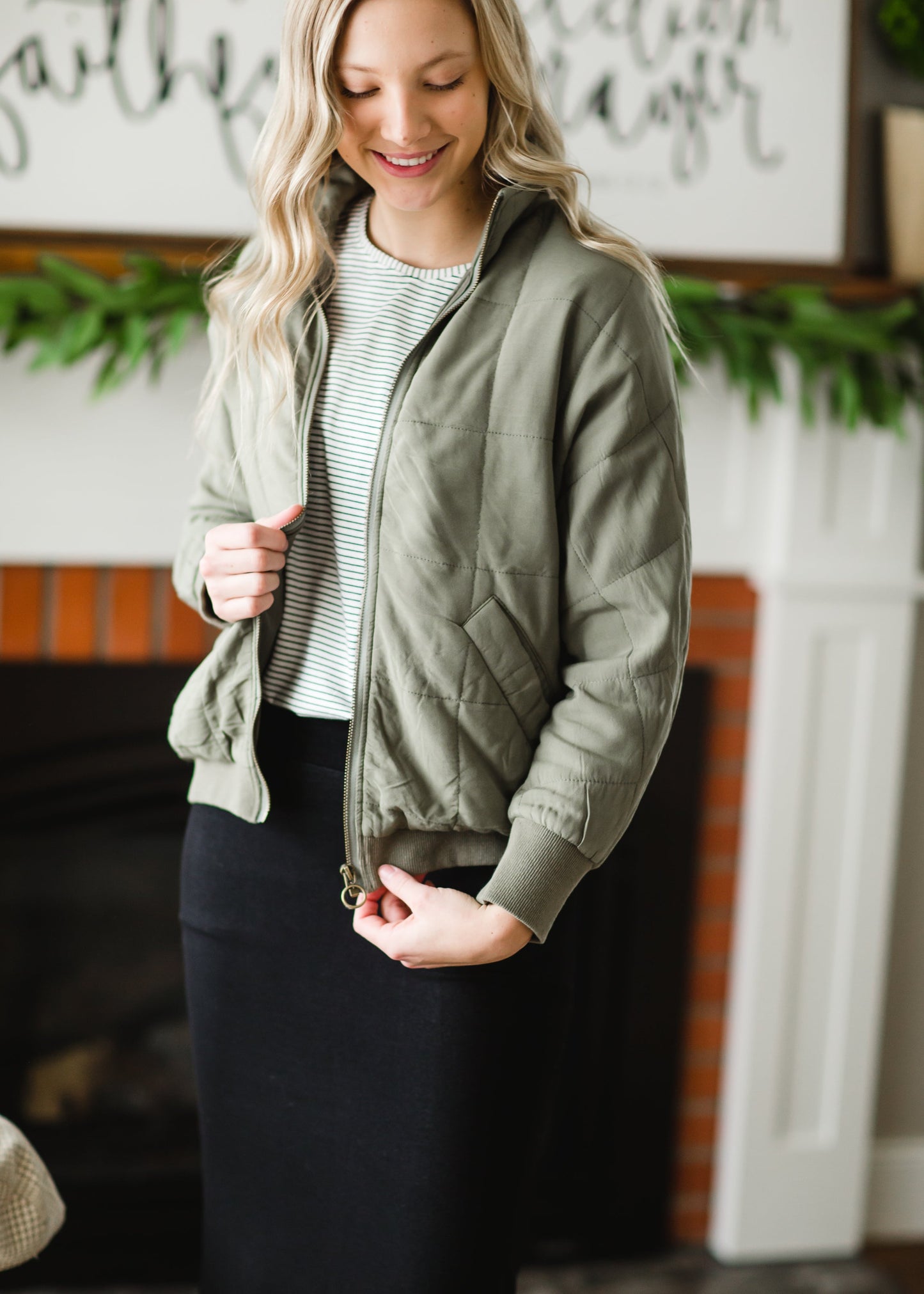 Olive Quilted Bomber Jacket Tops