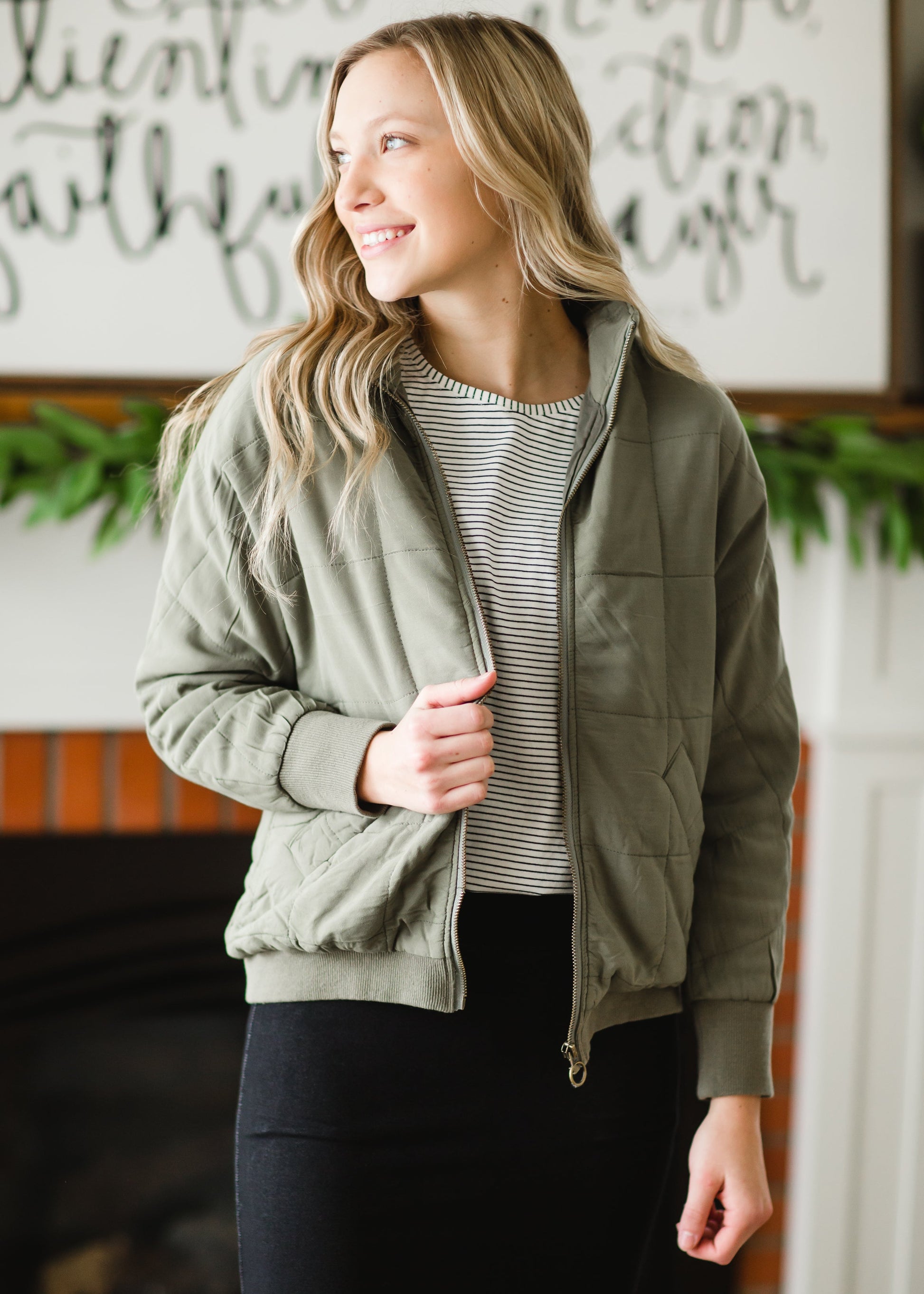 Olive Quilted Bomber Jacket Tops