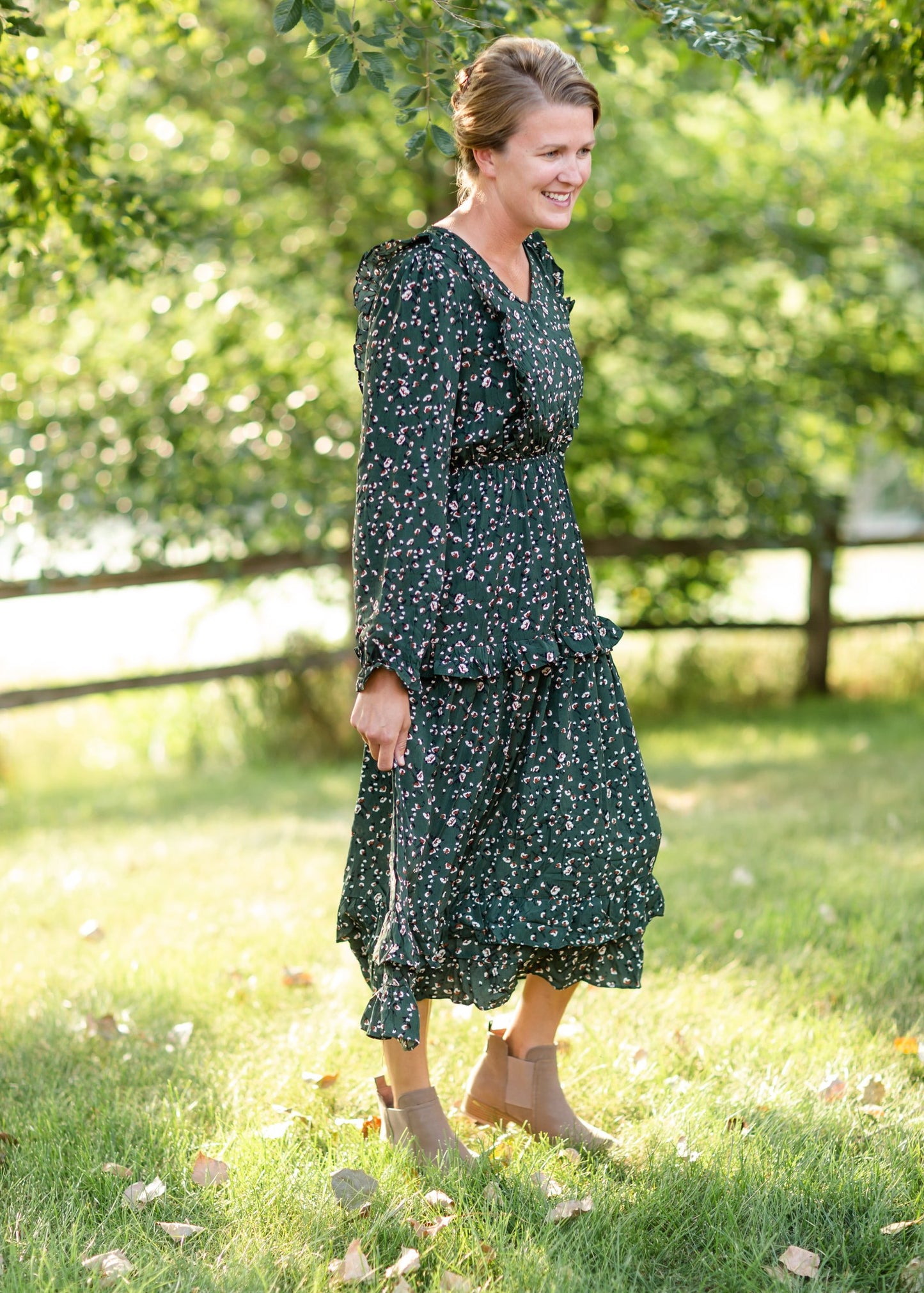 Olive Ruffle Shoulder Floral Midi Dress Dresses Hayden Los Angeles