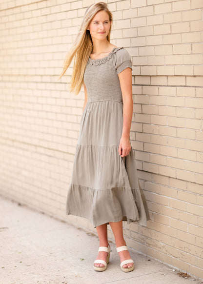 Olive Smocked Bodice Midi Dress Dresses