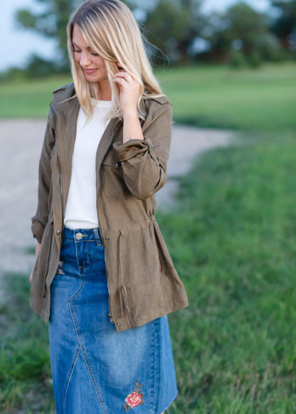 Olive Snap Front Zip Up Drawstring Jacket Layering Essentials