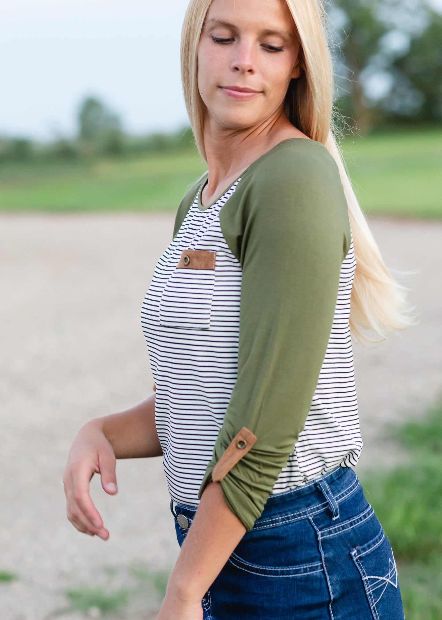 Olive Striped Suede Pocket Raglan Tops