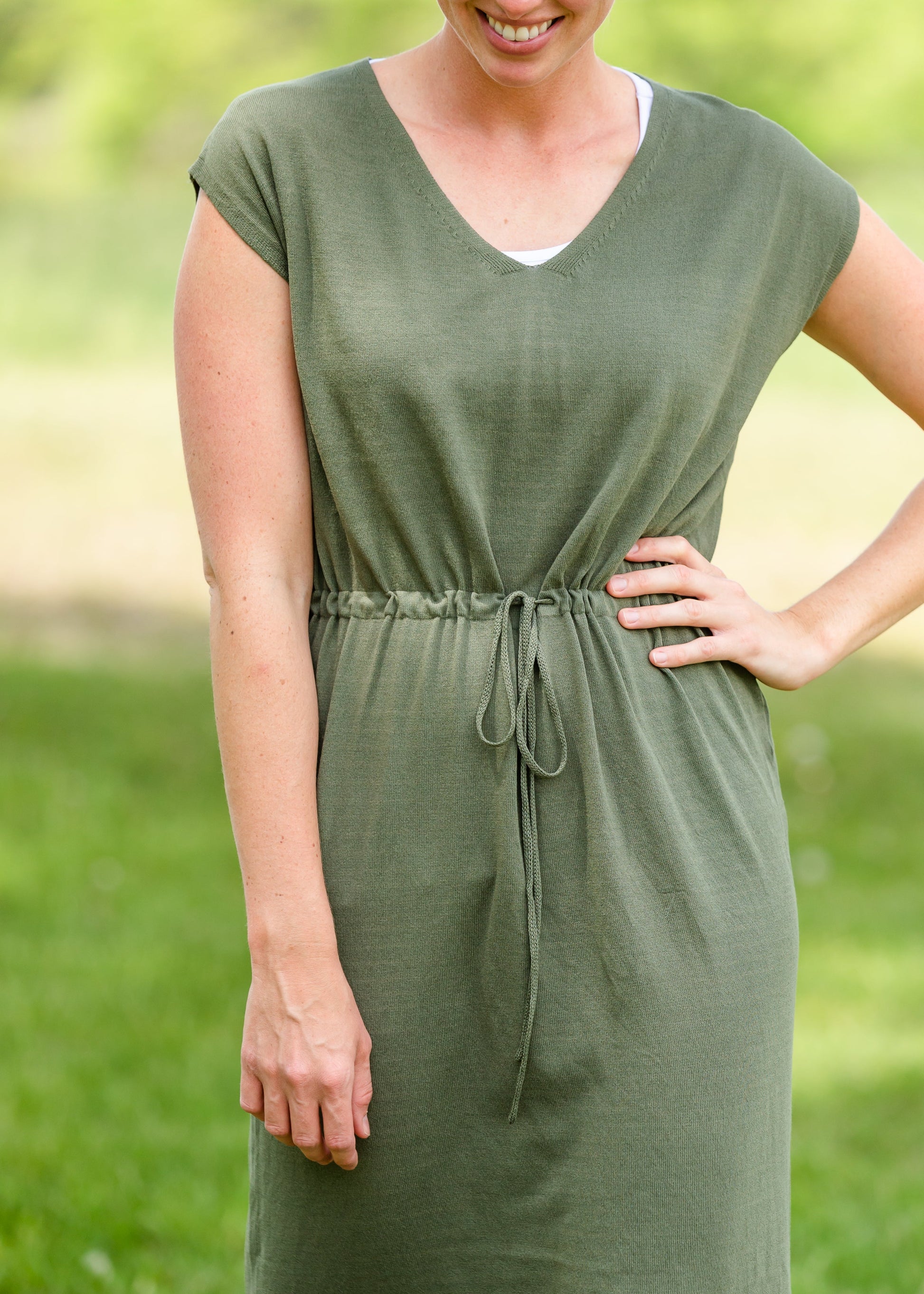 Olive V-Neck Tie Waist Midi Dress Dresses