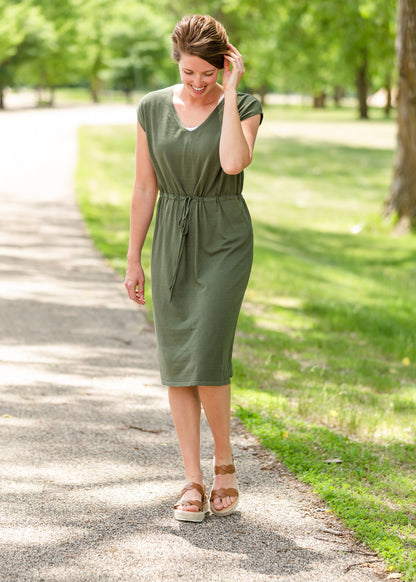 Olive V-Neck Tie Waist Midi Dress Dresses