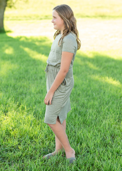 Olive Waist Tie Short Sleeve Midi Dress - FINAL SALE Dresses