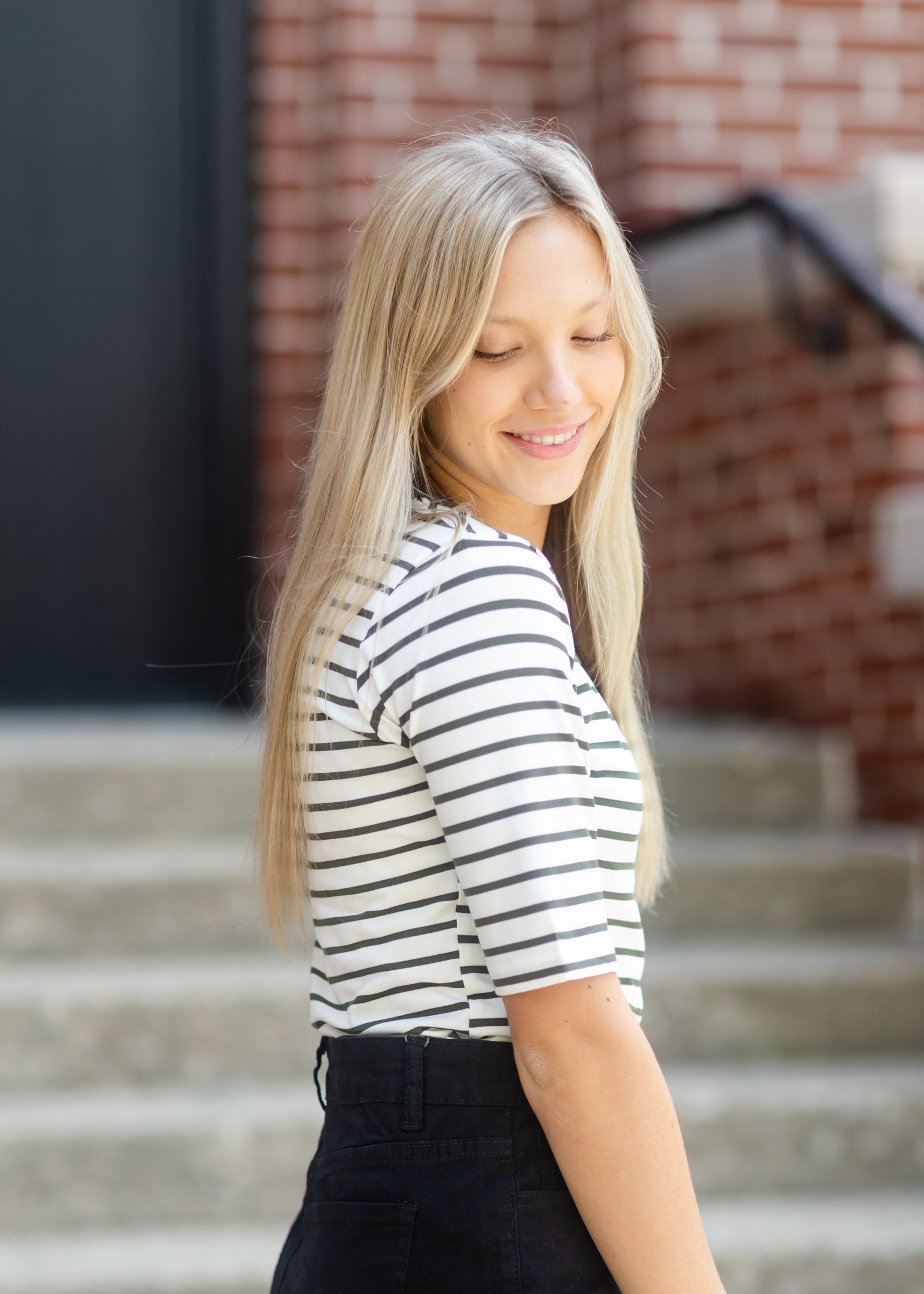 Olive + White Striped 3/4 Sleeve Top Tops Tea & Rose