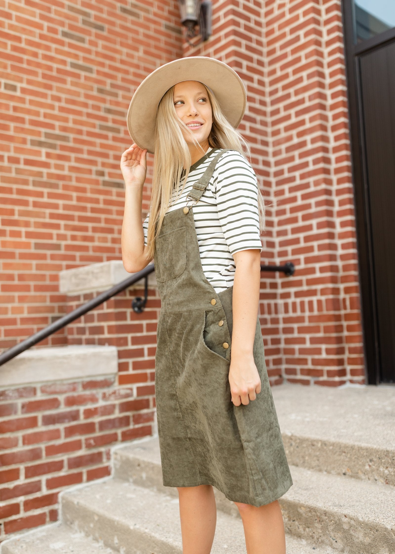 Olive + White Striped 3/4 Sleeve Top Tops Tea & Rose