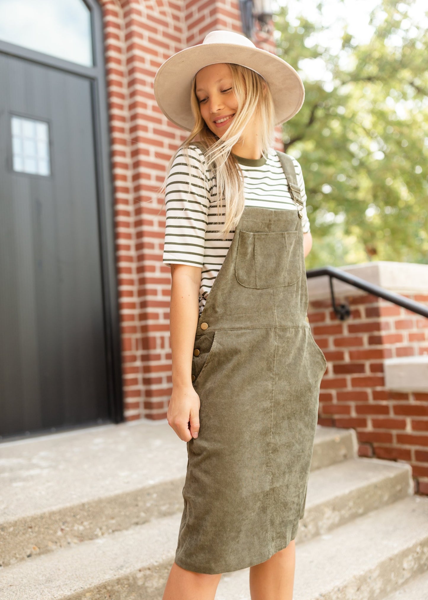 Olive + White Striped 3/4 Sleeve Top Tops Tea & Rose