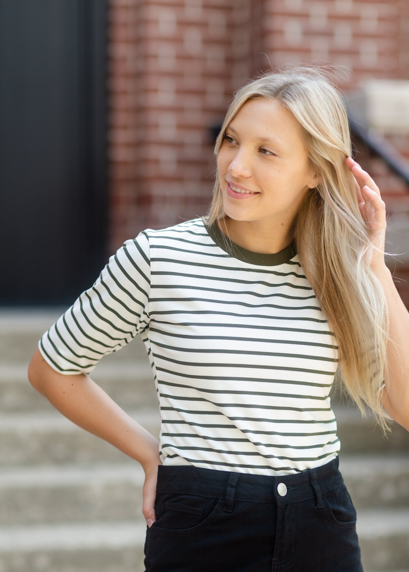 Olive + White Striped 3/4 Sleeve Top Tops Tea & Rose