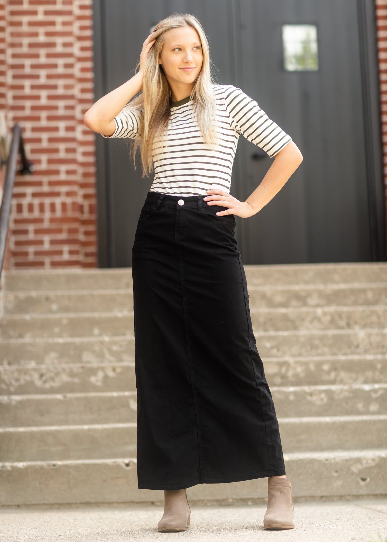 Olive + White Striped 3/4 Sleeve Top Tops Tea & Rose