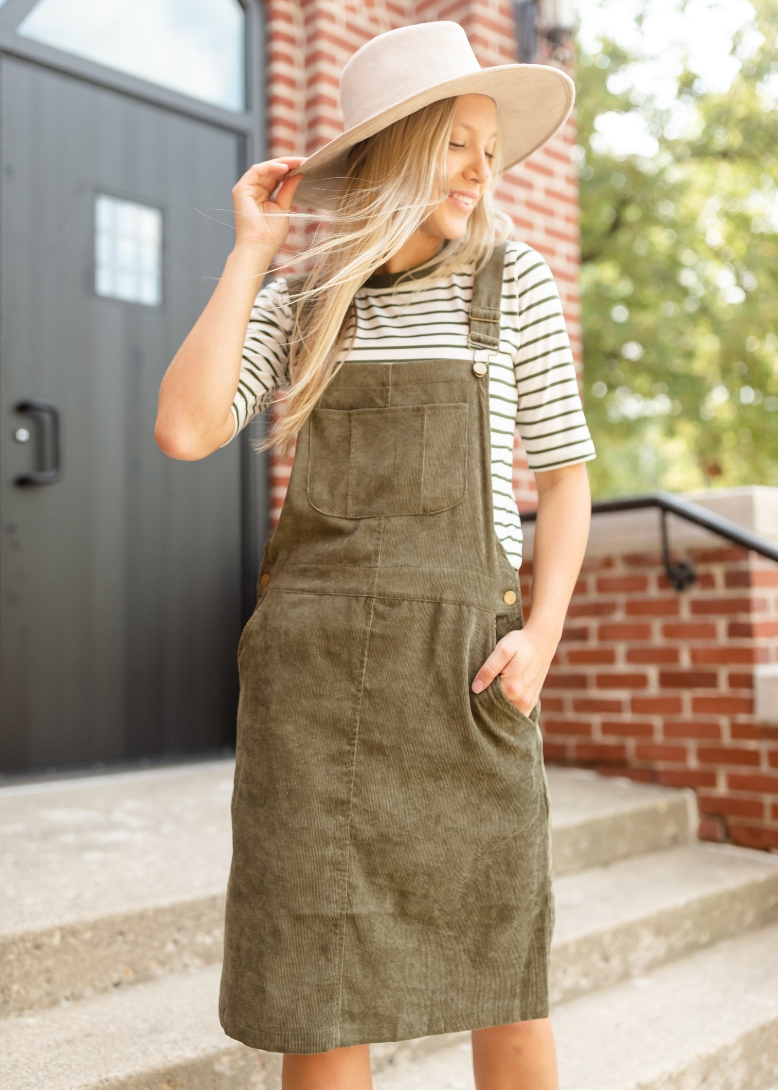 Olive + White Striped 3/4 Sleeve Top Tops Tea & Rose