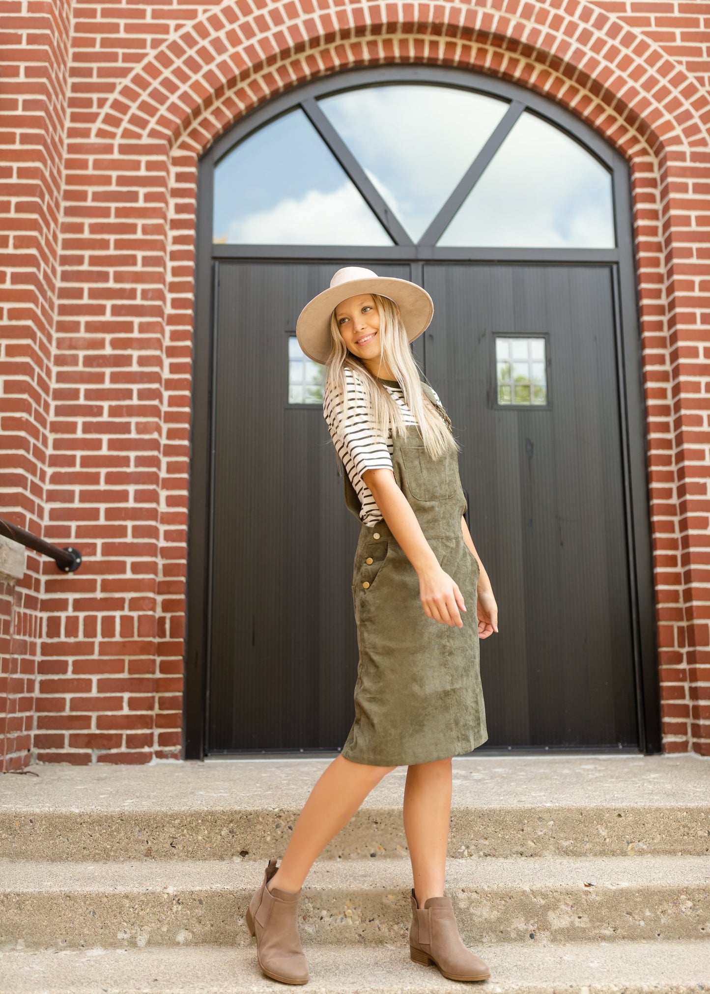 Olive + White Striped 3/4 Sleeve Top Tops Tea & Rose