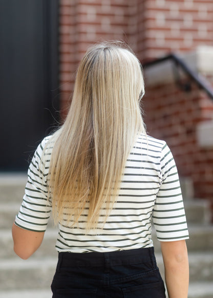 Olive + White Striped 3/4 Sleeve Top Tops Tea & Rose