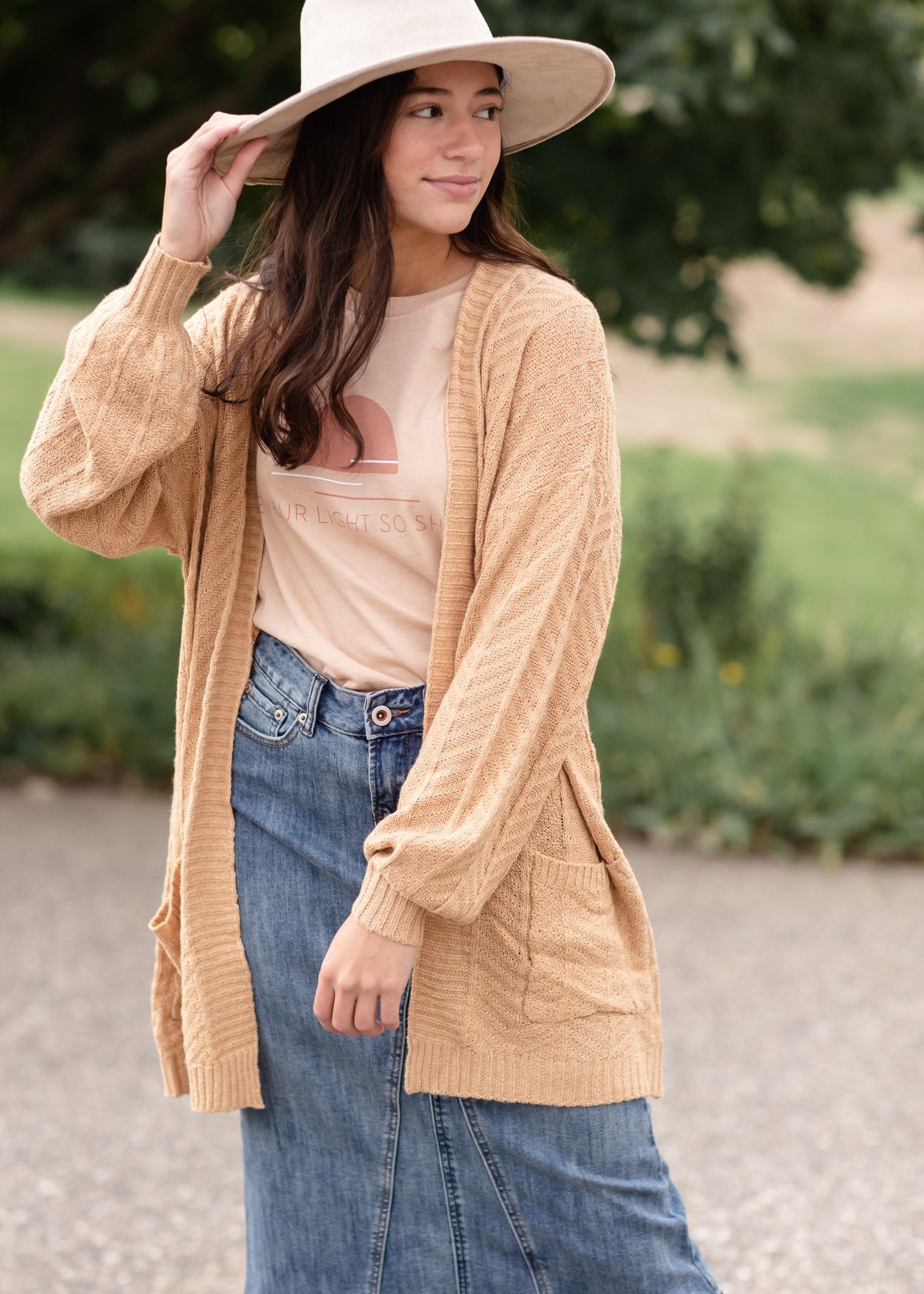 Open Front Balloon Sleeve Pocket Chevron Textured Cardigan Tops Staccato