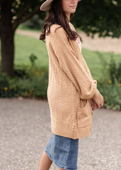 Open Front Balloon Sleeve Pocket Chevron Textured Cardigan Tops Staccato