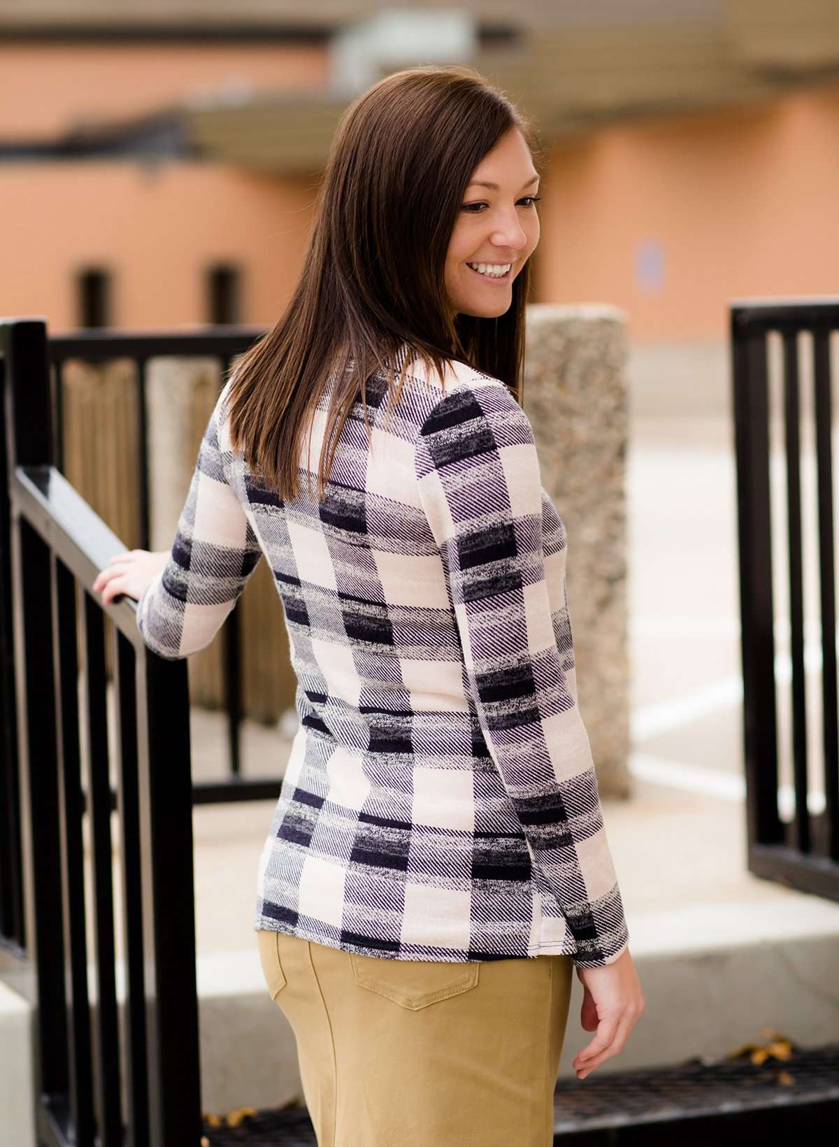 Women's modest black and taupe plaid raglan maternity shirt