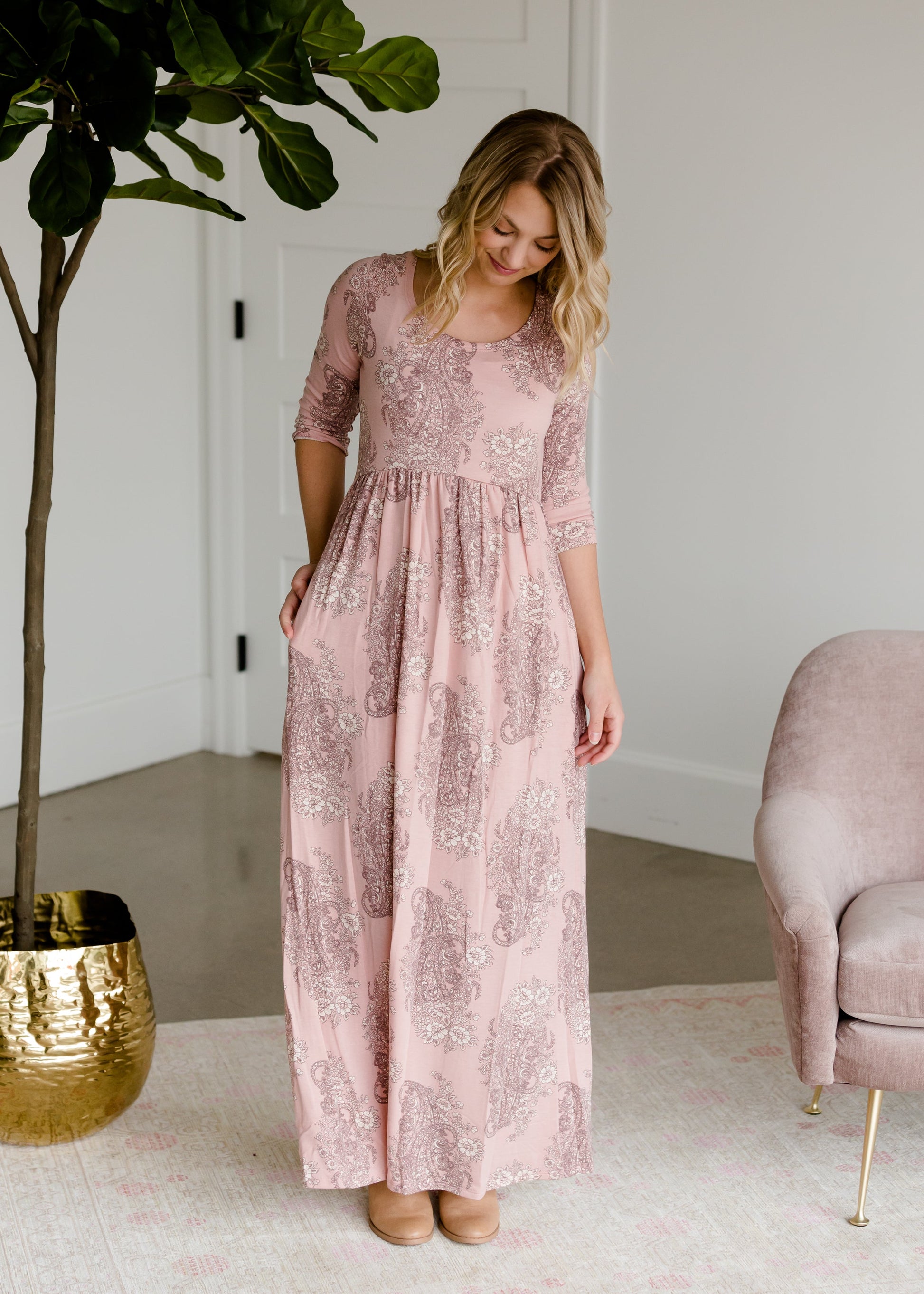 Paisley Print 3/4 Sleeve Maxi Dress Dresses