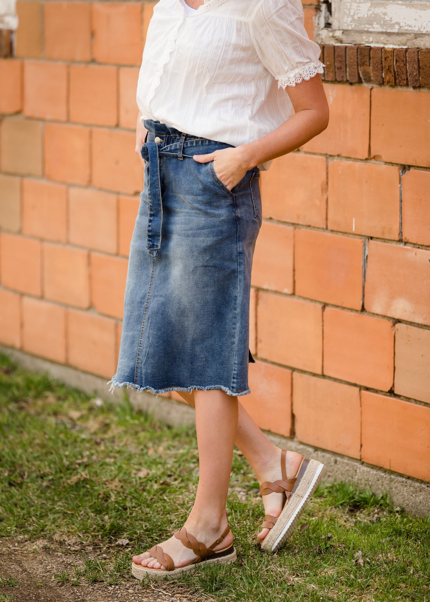 Paperbag Denim Tie Midi Skirt Skirts