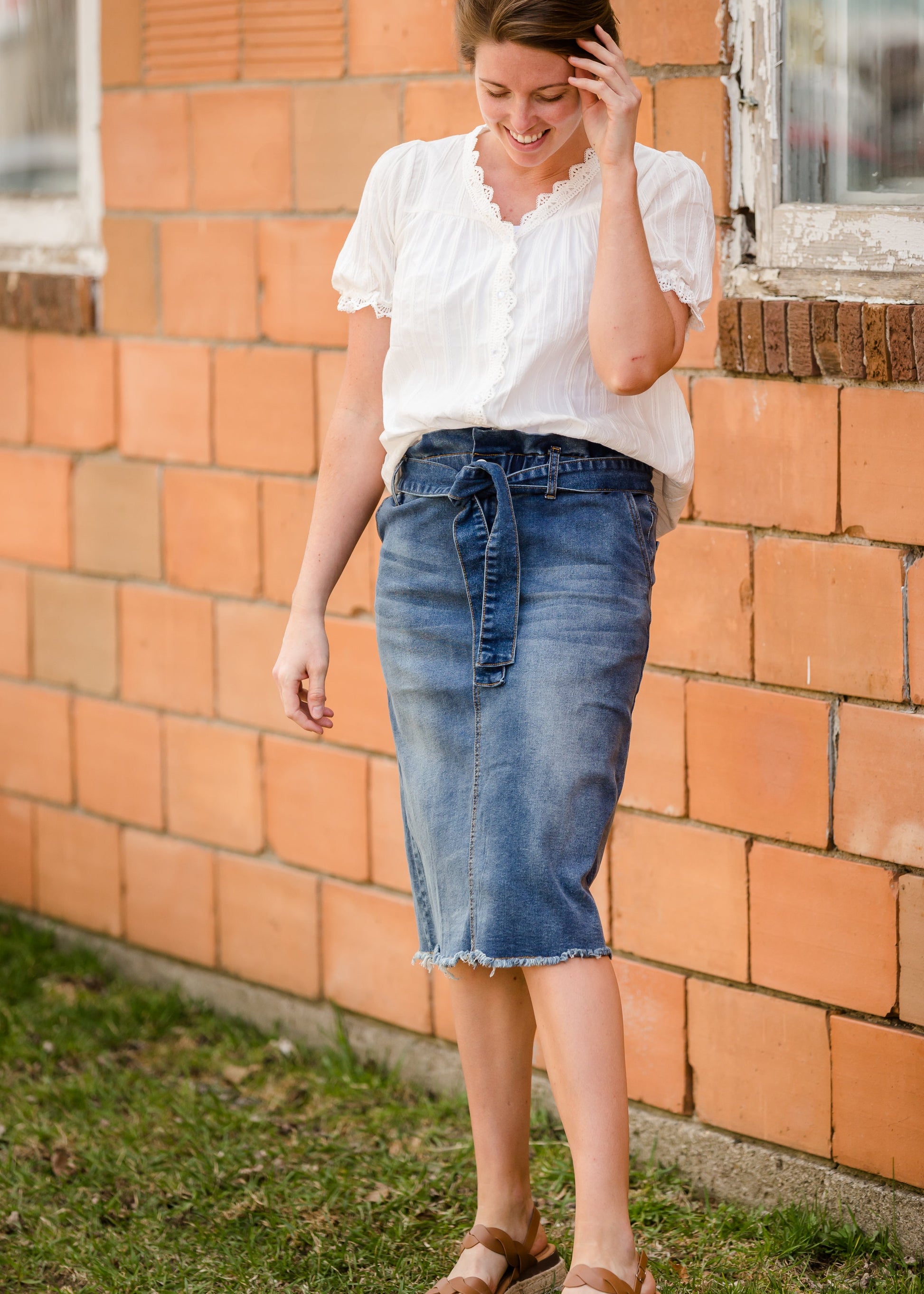 Paperbag Denim Tie Midi Skirt Skirts